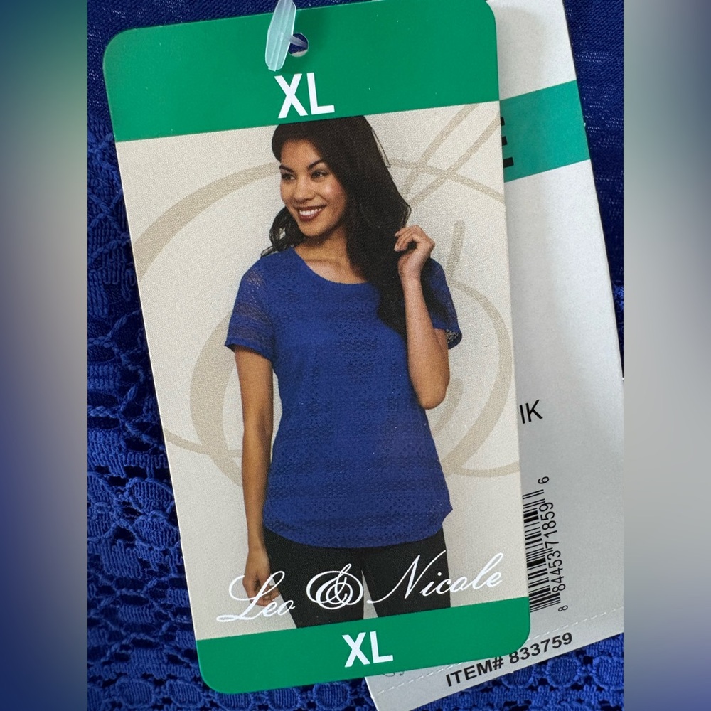 NEW WITH TAGS: Leo & Nicole Blue Lace Lined Short Sleeve Blouse, Sheer SleevesXL - Picture 3 of 6